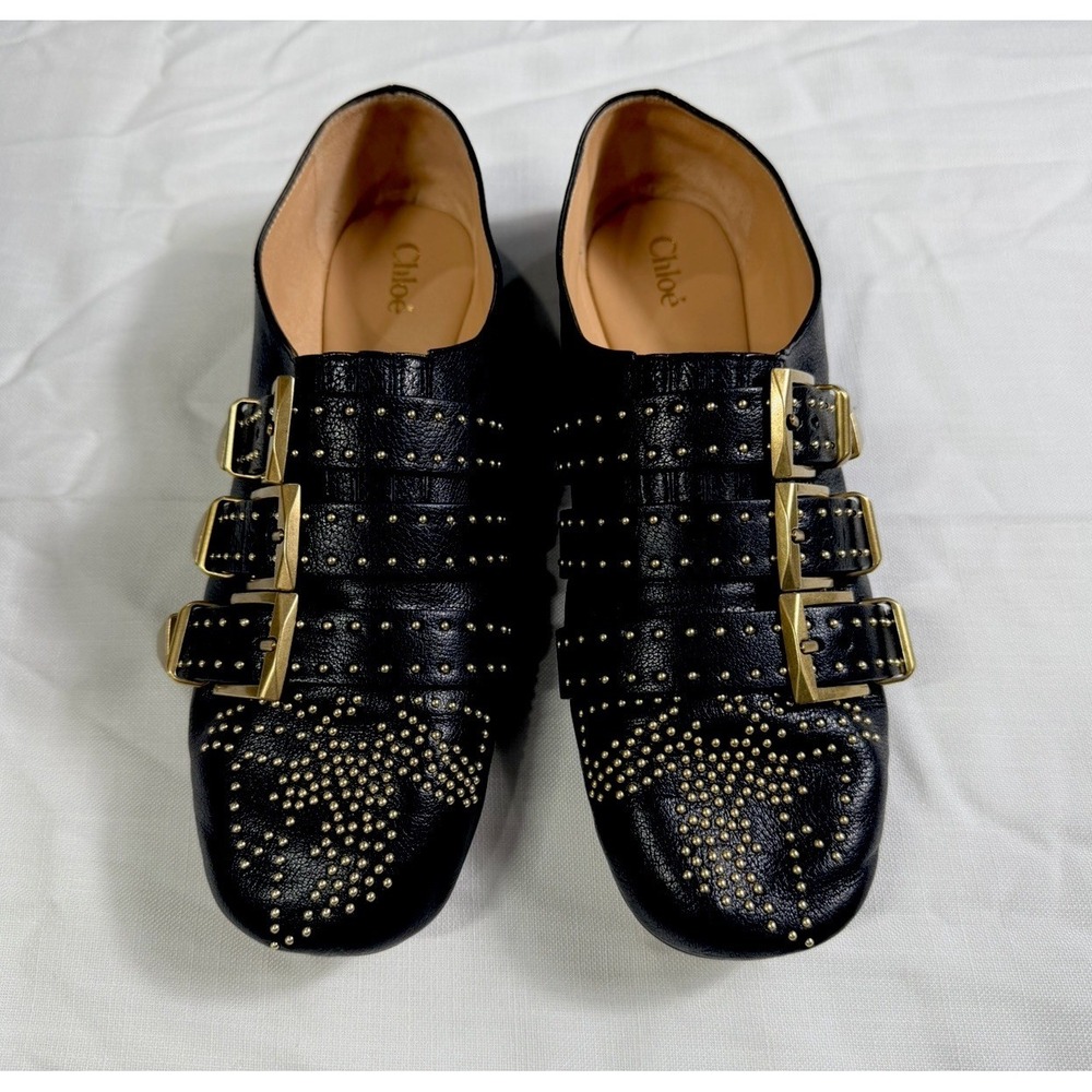 Chloe Susan Flats Black Studded Buckle Leather Shoes 39.5 Designer EU Or 9 US